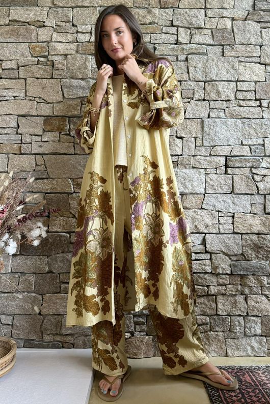 Lotus Oriental Longline Belted Duster Shirt Cedar /40=